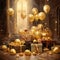 Chrismas gifts box bolloons and happy New year gold tone