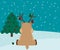 Chrismas tree and reindeer red-nosed cute cartoon with greeting banner snowy winter background. Christmas card. Vector