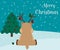 Chrismas tree and reindeer red-nosed cute cartoon with greeting banner snowy winter background. Christmas card. Vector