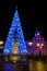 Chrismtas tree with clock tower on Puerta del Sol