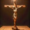 Christ crucifix cross Jesus crucified statue on wooden table in heavenly light