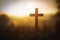 Christ Jesus cross in the sunrise colored sky background, Worship, Religious concept., Eucharist Therapy Bless God Helping