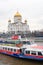 Christ the Savior Church in Moscow, Russia. Cruise boat.