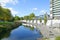 Christchurch,  New Zealand. Canterbury Earthquake Memorial Wall on side of Avon River with names of 185 lives lost engraved in whi