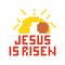 Christian art. Colorful interlocking plastic bricks, plastic construction. Jesus is risen