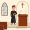 Christian catholic priest preaching at church. Holy father in robe or pastor with collar, pope with bible and clergyman