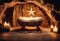 Christian Christmas scene with empty wooden manger, star of Bethlehem in cave