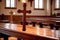 Christian church interior background with wooden furniture and cross