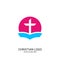 Christian church logo. Bible symbols. The open Bible and the cross of Jesus Christ