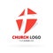 Christian church logo with red cross icon design. Vector illustration.