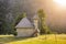 Christian Church in the village of Theth in Prokletije Mountains at sunset, Albania.