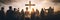Christian Congregation hands Worship God together in front of wooden cross in cloudy sky. Generative AI