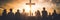 Christian Congregation hands Worship God together in front of wooden cross in cloudy sky. Generative AI