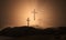 Christian croses on hill outdoors at sunrise. Calvary crucifixion. 3D illustration.