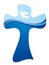 Christian cross baptism symbol with white dove and water waves on blue background