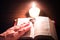 Christian cross .Burning candle and Bible . The psalms . Holy book