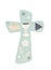 Christian cross with chalice grapes bread and wheat ear. Religious sign. pastel green background