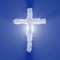 Christian cross cloud sign with volume light on blue sky and sun. 3d illustration