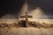 Christian cross or crucifix drawing in ash, dust or sand as symbol of religion, sacrifice, redemtion, Jesus Christ, ash wednesday