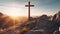 christian cross on large rocky mountain, religion and spiritual concept