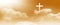The Christian cross looks bright in the golden sky, with soft white clouds and a beautiful background light that leads to peace an