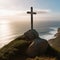 A Christian cross on a rocky cliff, with the ocean view. An AI generated image.