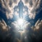 Christian cross in the sky with clouds and sunbeam Generative AI