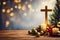 a Christian cross standing with beautiful Christmas decorations in this beautiful scene