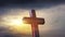 Christian cross on sunset background . Religion background . Paradise heaven . Light in sky .