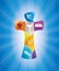 Christian cross with symbols on a blue background with luminous rays