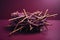 Christian cross, three rusty nails and a woven crown of thorns on purple background. Generative AI