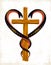 Christian cross and two snakes in a shape of heart, religion symbolism.