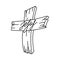 Christian doodle illustration. A wooden cross with the inscription Jesus