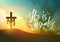 Christian easter scene, Saviour`s cross on dramatic sunrise scene, with text He is risen, illustration
