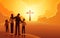 Christian family stands at the bottom of the hill, looking up at a cross on the hill