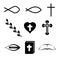 Christian Icons or Symbols. Fish, Cross, Heart, Wine and Holy Bible. Vector Design Elements Set for You Design
