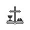 Christian illustration. Church logo. The cross of Jesus Christ, the holy bowl and bread, is based on the Bible