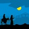Christian illustration. Joseph leading Mary on a donkey.