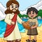 Christian Jesus Feeds 5000 People Colored Cartoon