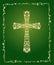 Christian ornate cross with floral gold pattern and vintage frame on green background