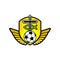 Christian sports logo. The golden shield, the cross of Jesus, the sign of the fish, the wings, and the soccer ball