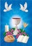 Christian symbols concept with white chalice, bread, bible, grapes, candle, dove on blue background