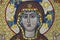 The Christian Virgin and Child Jesus in the form of ceramic mosaics on the facade of the Orthodox church. Traditional christian