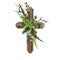 Christian wooden cross decorated with flowers and leaves