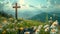 christian wooden cross on mountain top and green field landscape with white wild flowers, religious and spirituality concept