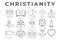 Christianity Outline Icon Set with Faith, Bible, Crucifixion , Baptism, Church, Resurrection, Holy Spirit, Saints, Commandments,