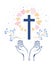 Christianity religion background with hands or prayer and cross, flowers around. Vector illustration