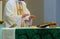 Christians symbols Holy communion on wooden table in church wine in the church during the communion