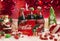 Christmas 1997 6 pack Glass Coca Cola bottle and Holiday scene Santa striped candle