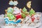 Christmas 3D composition from baked gingerbread cookies: sleigh, santa, gifts, christmas trees, horse